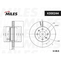 Диск тормозной MILES K000244 HYUNDAI ACCENT 05-/i20 08-/KIA RIO II 05- передний вент.