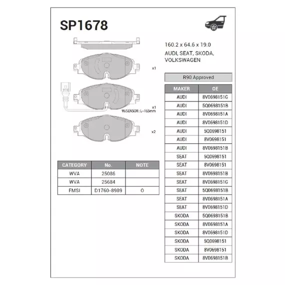 Колодки тормозные дисковые передние Sangsin SP1678 AUDI A3/SEAT LEON III/SKODA OCTAVIA III/VW GOLF VII перед.к-т