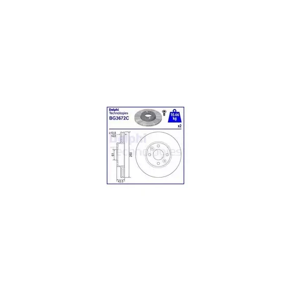 Диски тормозные (2 шт) вентилируемые Lada Largus 260х22 Delphi BG3762 аналог 7701207795 (комплект)(шт)