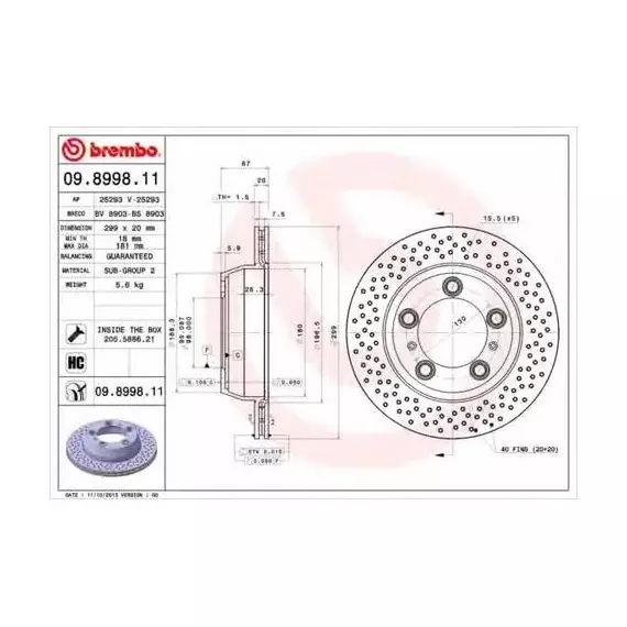 Тормозной диск задний Brembo 09899811 для Porsche 718 Boxster, 718 Cayman, Boxster, Cayman