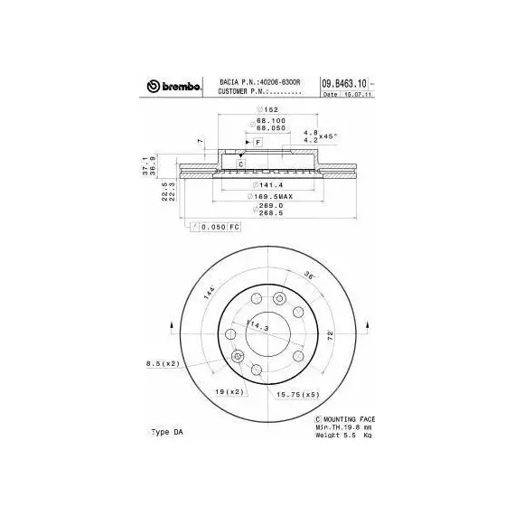 09B46310 Диск тормозной Brembo, передний, вентилируемый