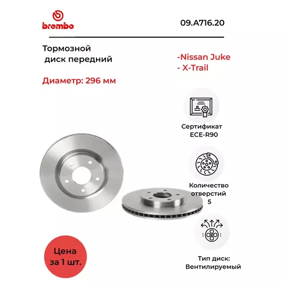 Brembo 09.A716.20 Тормозной диск передний Nissan Juke, X-Trail